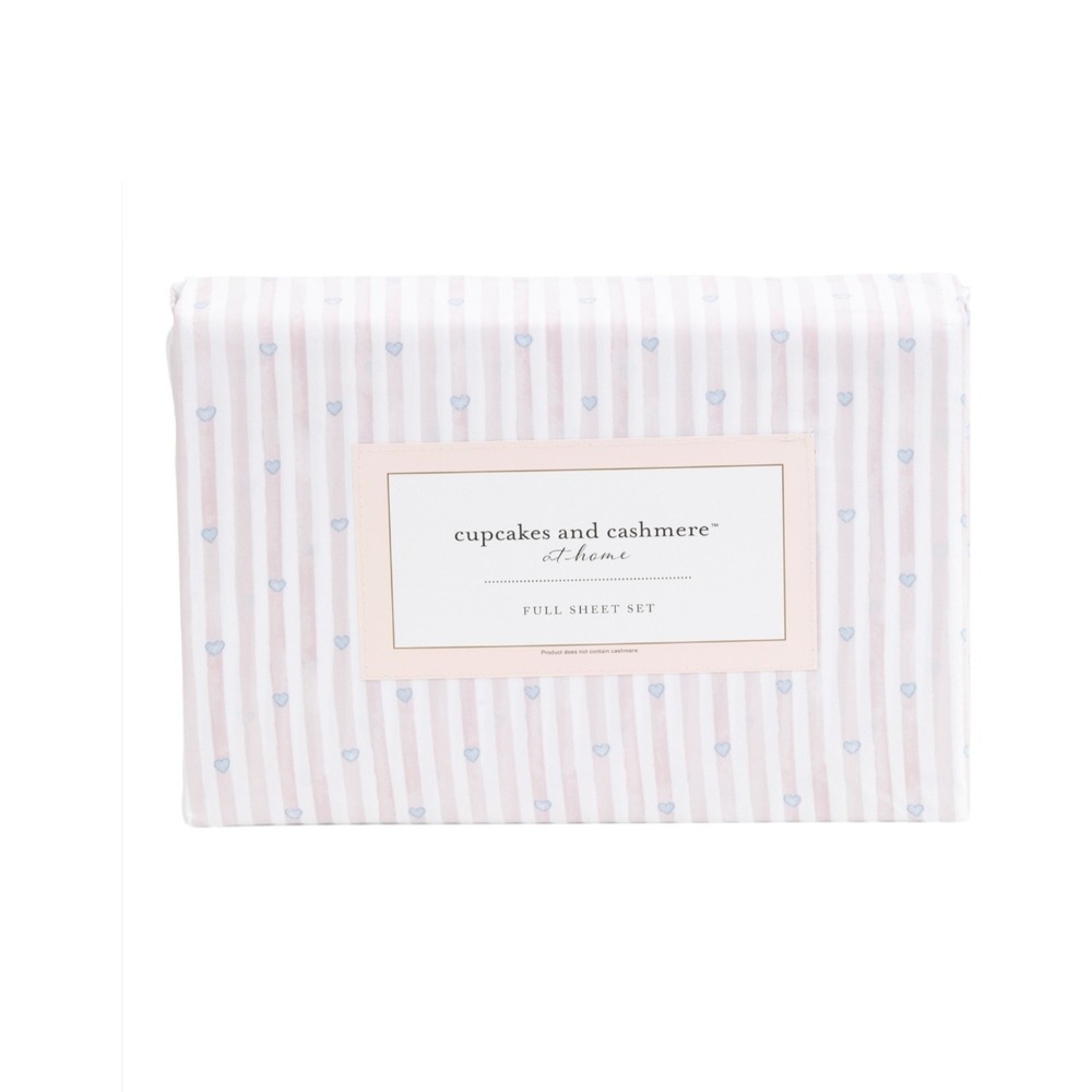 Cupcakes and Cashmere Love Striped Heart Queen Sheet Set Blue Blush Pink 4pc NEW